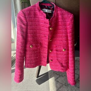 Zara Pink Tweed Blazer with Gold Accents